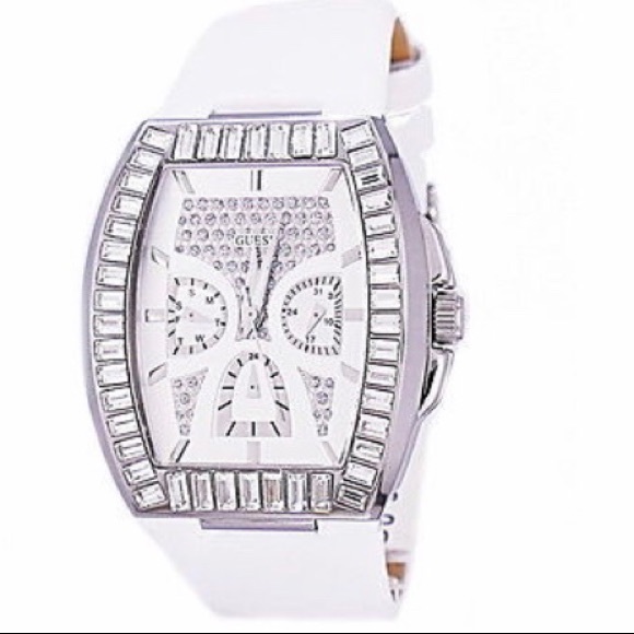 Guess Swarovski White Leather Strap Ladies Watch - Picture 2 of 8